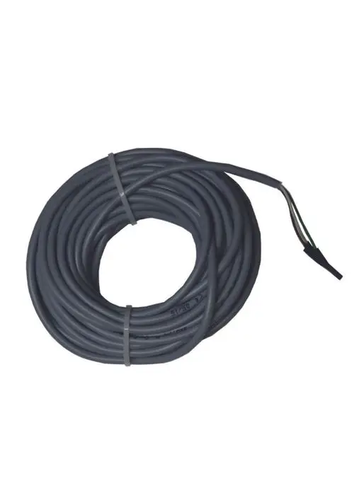 Graues Kabel, aufgerollt, mit mehreren Leitungen am Ende. Judo Stör-/Leermelde-Übertragungskabel zur elektrischen Verbindung oder Signalübertragung.